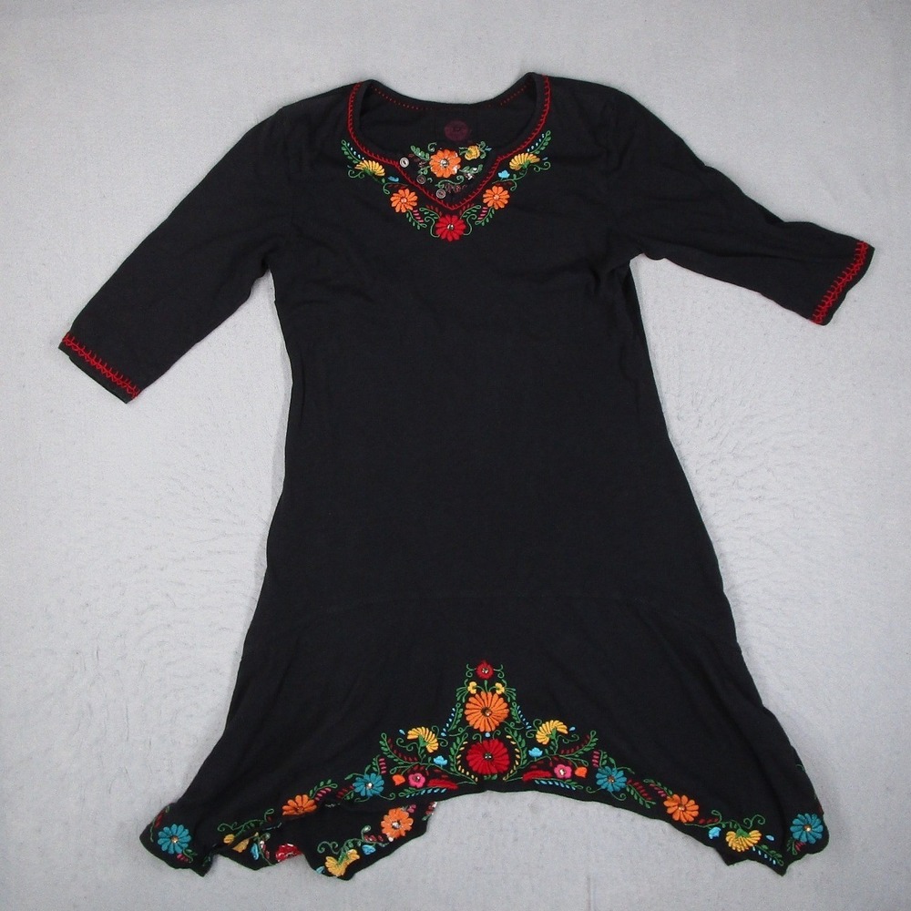 Double D Ranch Black Floral Embroidered Sharkbite Hem Dress Womens Medium